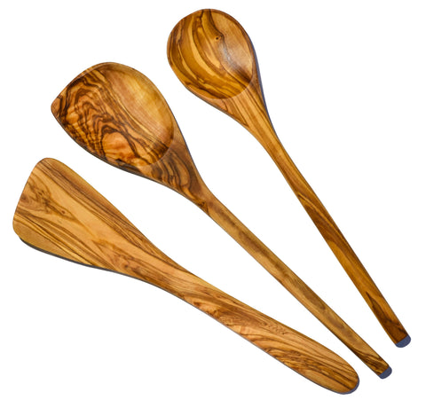 Cleminson® Handcrafted Olive Wood Utensils 3 Piece Set - Wooden Spatula, Spoon & Sauce Spoon with Corner or 3-Piece Set (3-Piece Set)