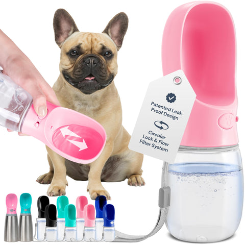 MalsiPree Portable Dog Water Bottle - Leak-Proof Bottles with Dog Bowls - Puppy Accessories Dog Water Dispenser - Drinking Water for Walking, Hiking, Travelling - Food Grade Plastic - 350ml, Pink