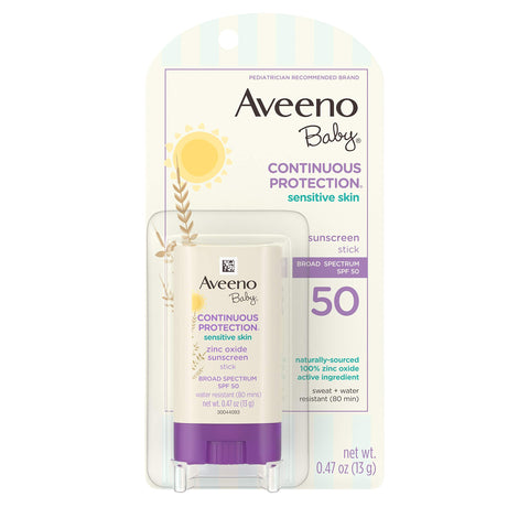 Aveeno Baby Continuous Protection Mineral Sunscreen Stick for Sensitive Skin with Broad Spectrum SPF 50 Protection for Face & Body, Naturally Sourced 100% Zinc Oxide, Travel Size, 0.47 oz