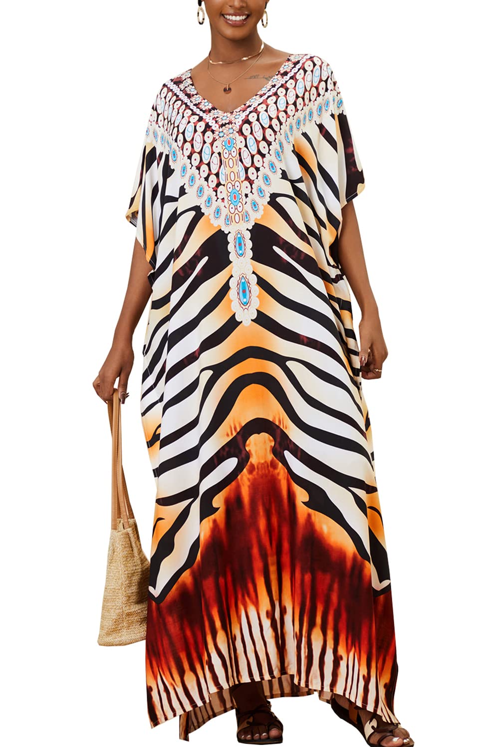 YouKD Women's Summer Kaftan Maxi Bohemian Robes Beach Coverup Dress Long Kimono One Size Gown