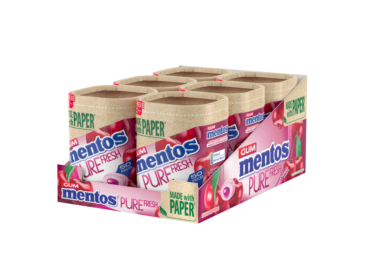 Mentos Pure Fresh Sugar Free Chewing Gum, Paperboard, Cherry, 50 Pieces (Pack of 6)
