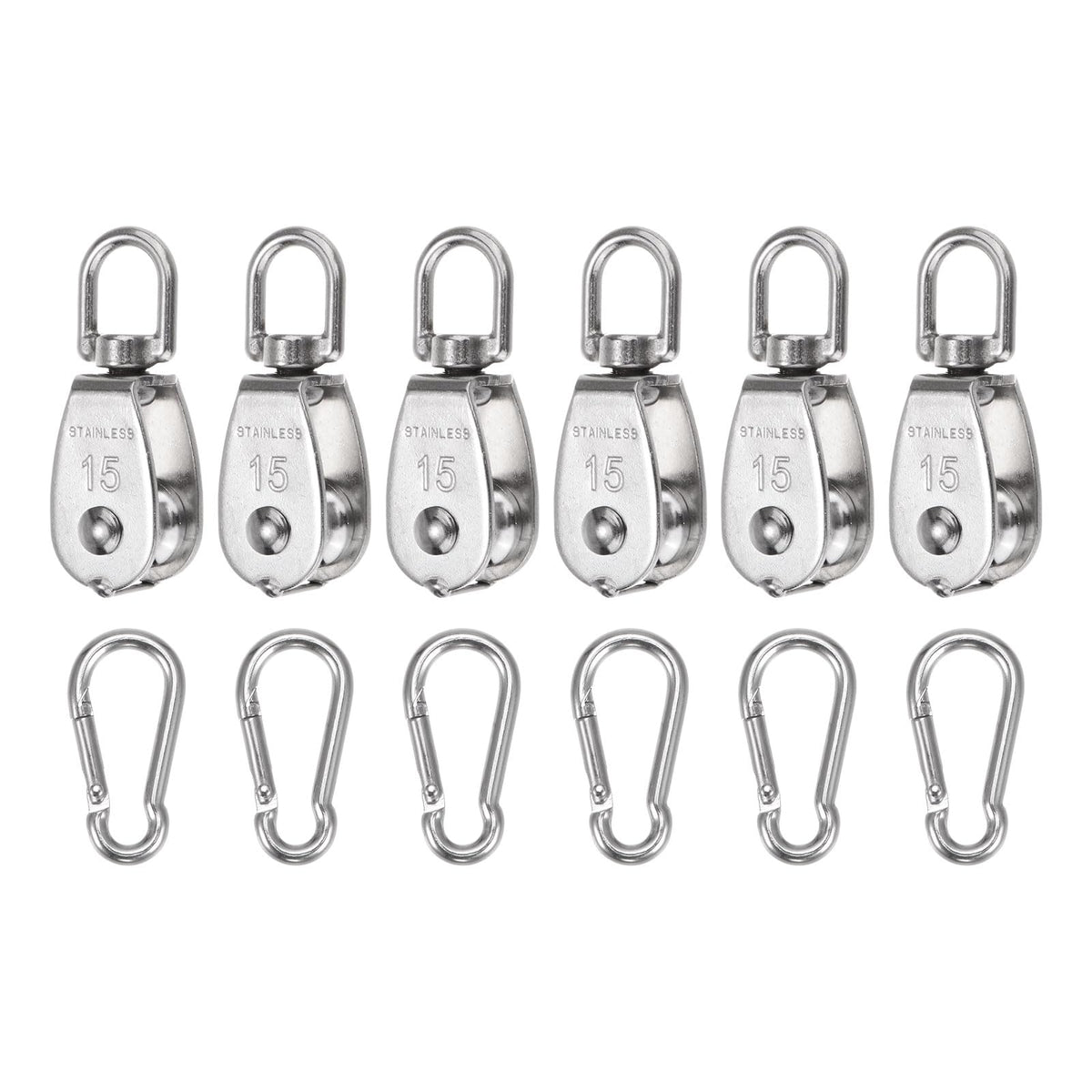 uxcell Set of 6 M15 Single Pulley Block with Spring Snap Hook, 304 Stainless Steel Hanging Wire Towing Wheel, Crane Pulley Roller Loading 80lbs