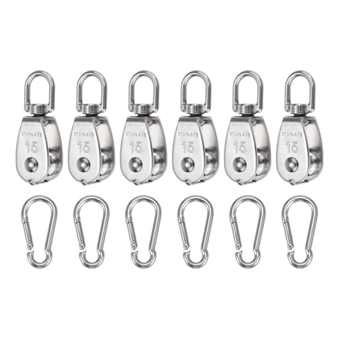 uxcell Set of 6 M15 Single Pulley Block with Spring Snap Hook, 304 Stainless Steel Hanging Wire Towing Wheel, Crane Pulley Roller Loading 80lbs
