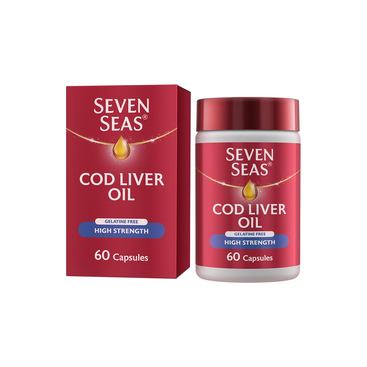 Seven Seas High Strength Cod Liver Oil Tablets With Omega-3, Fish Oil, Gelatine Free, EPA and DHA, Plus High Strength Vitamin D, 60 Capsules