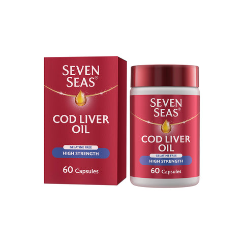 Seven Seas High Strength Cod Liver Oil Tablets With Omega-3, Fish Oil, Gelatine Free, EPA and DHA, Plus High Strength Vitamin D, 60 Capsules