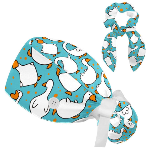 Stylish Working Hat Multi-Functional Surgical Cap and Bow Scrunchies with Button and Sweatband Design - Adjustable Ribbon Lace-Up Hat for Long-Haired Women - Funny Cartoon Animal Goose Pattern