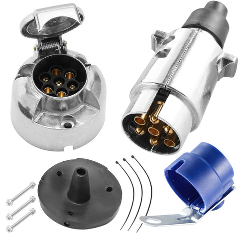 7 Pin Trailer Plug and 7 Pin Trailer Socket Metal Aluminium Alloy 12v 7pin Electric Trailer Plug Male Female,7pin Trailer Connector Adapter w/ Waterproof Seal and Plug Holder,Caravan Towing Plug 7pin