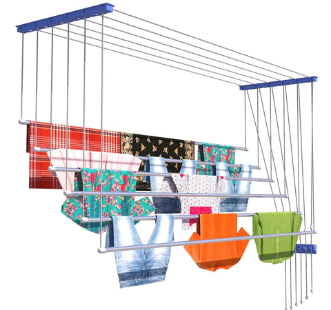 Skywave Luxury Premium Rust Proof Stainless Steel Ceiling Clothes Dryer Hanger with UV Protected Nylon Ropes Individual dropdown, Clothes Drying Rack for Balcony Iron Bracket (7 FEET x 6 Pipes)