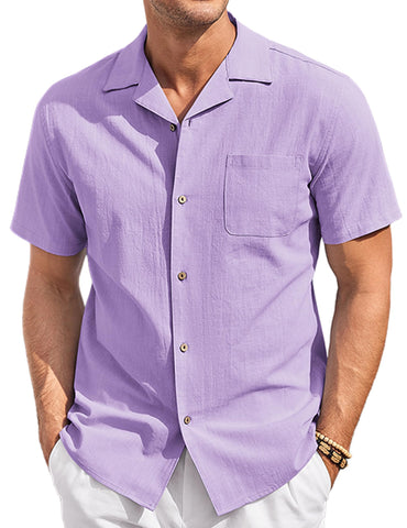 COOFANDY Mens Button Down Short Sleeve Shirts Linen Beach Shirt Cusual Dress Shirts Light Purple