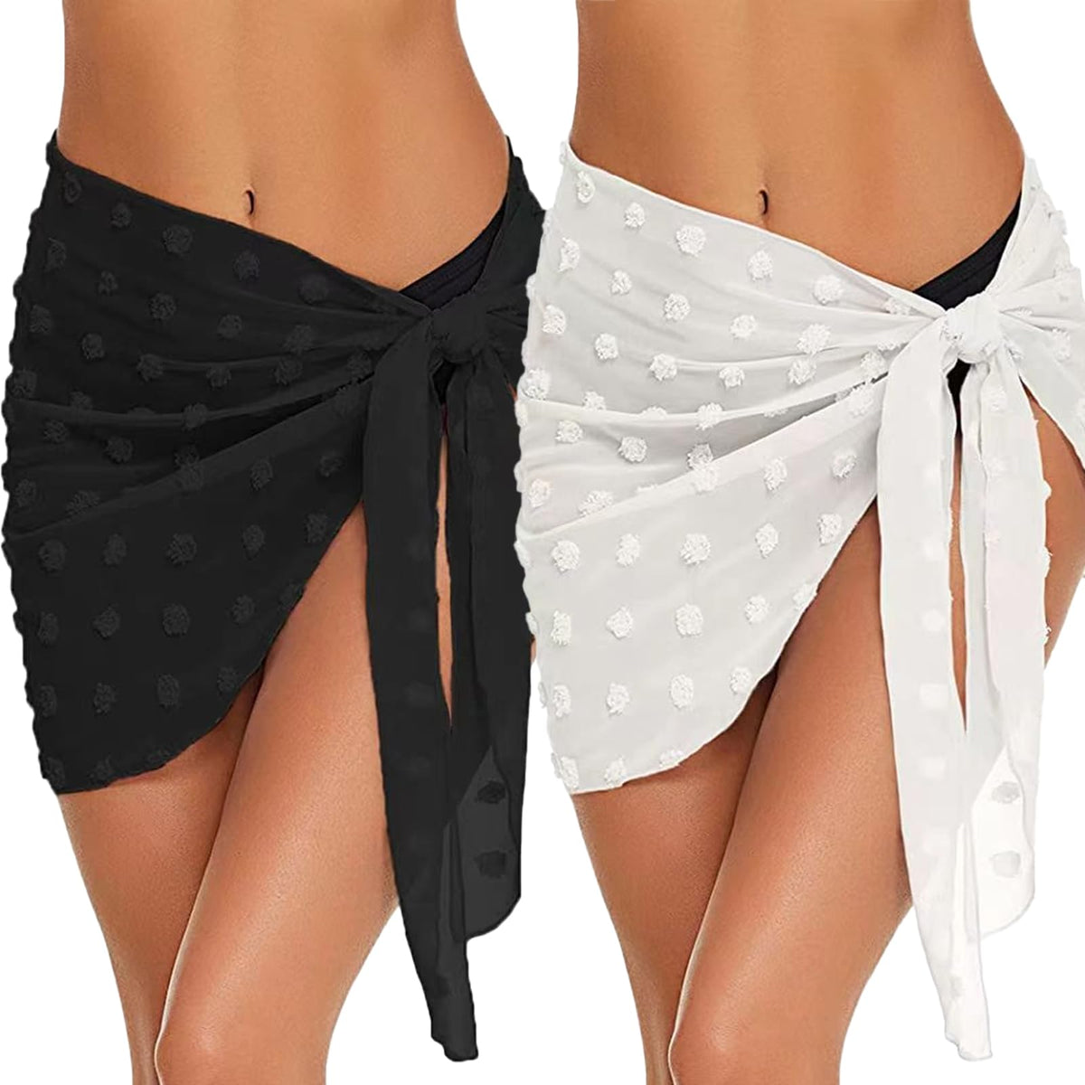 2 Pieces Women's Beach Sarong Wraps, 50 * 180cm Chiffon Bikini Cover Up, Short Skirt, Black & White