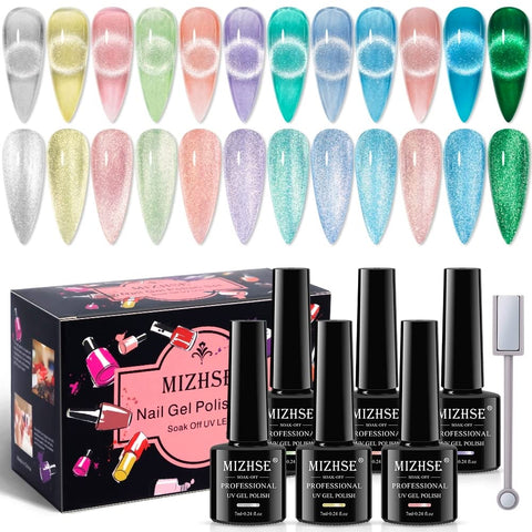 MIZHSE Crystal Cat Eye Gel Polish Kits Magnetic Nail Polish 12 Pcs, Autumn Green Blue Diamond Jelly Magnet Sheer Cateye Gel for Nail Art Salon Manicure Set