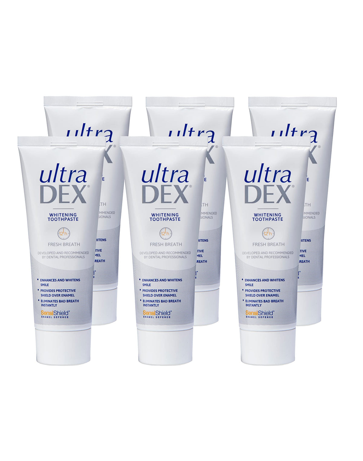 UltraDEX Whitening Toothpaste + Enamel Defense, Clinically Proven 12hr Bad Breath Treatment, For Sensitive Teeth, with Fluoride, Mint 6 X 75 ml