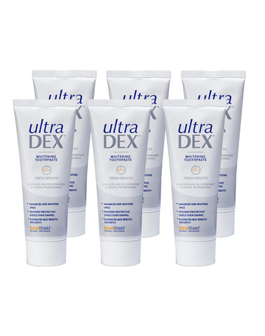 UltraDEX Whitening Toothpaste + Enamel Defense, Clinically Proven 12hr Bad Breath Treatment, For Sensitive Teeth, with Fluoride, Mint 6 X 75 ml