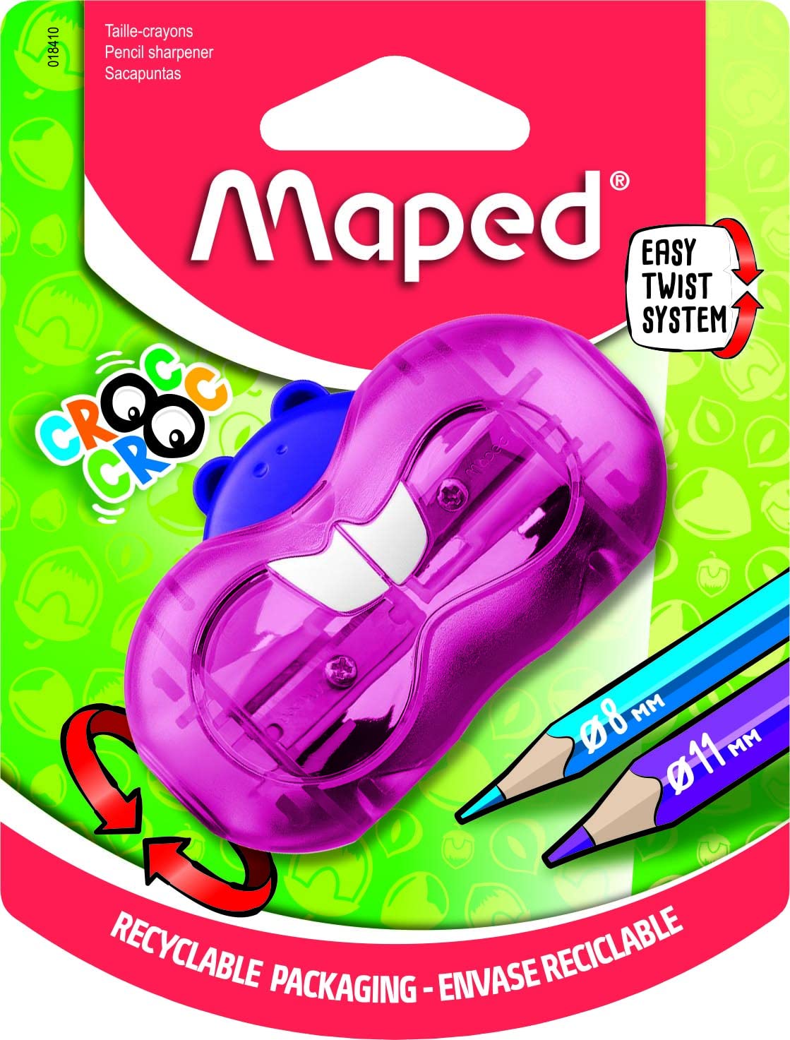 Maped - Croc Croc Twist Bieber Sharpener - 2 Pen Sizes - with Collection Box - Random Colour Selection, Multicoloured (018410)