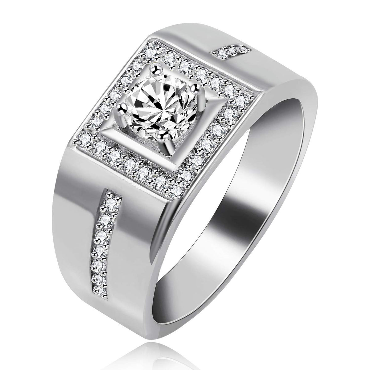 Uloveido Rhodium Plated Simulated Diamond Square Wedding Band Rings for Men Engagement Promise Anniversary Ring for Him (Platinum, Size 8) KR201