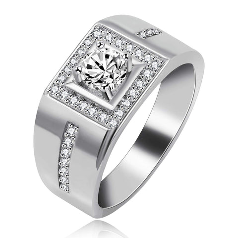 Uloveido Rhodium Plated Simulated Diamond Square Wedding Band Rings for Men Engagement Promise Anniversary Ring for Him (Platinum, Size 8) KR201