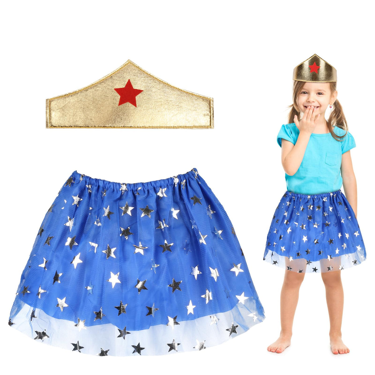 HONMOK 2 Piece Girls Birthday Princess Costume, Sequin Star Tutu Dress and Gold Crown, Blue Tulle Ballet Tutu Dress for 3-10y Kids Halloween Nativity Birthday Party Fancy Dress Costume