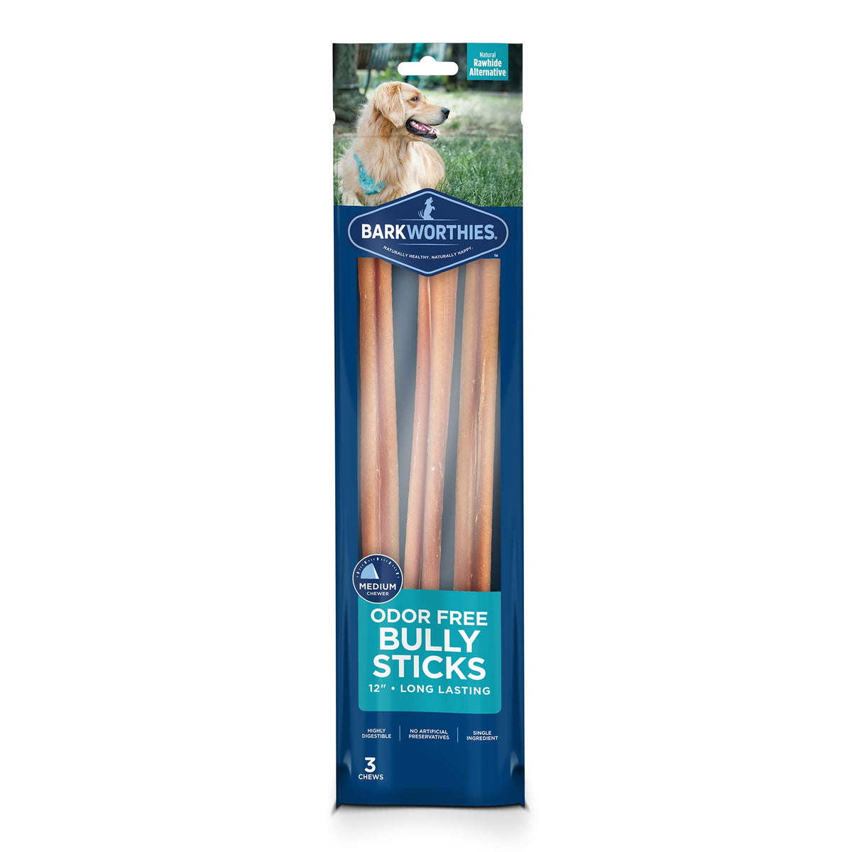Barkworthies Odor-Free 12-inch Bully Sticks (3 Pack) - Healthy Dog Chews - Protein-Packed, Highly Digestible, All-Natural Rawhide Alternative Dog Treats - Promotes Dental Health