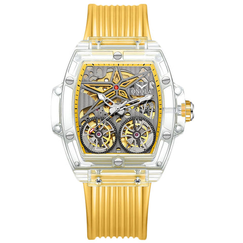 RORIOS Menâ€™s Wrist Watch Transparent Mechanical Watch Sport Tonneau Watch Skeletonized Creative Watch Cool Silicone Strap Watch for Boy White Yellow B