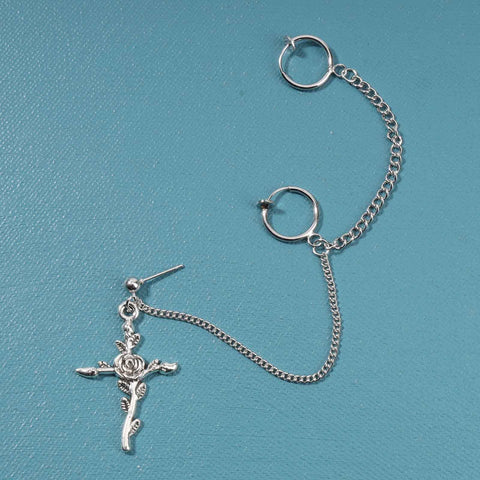 Yheakne Cross Chain Cuff Earrings Silver Cross Dangle Chain Earrings Long Crucifix Drop Earrings Religious Ear Cuff Wrap Chain Earrings Jewelry for Women and Girls