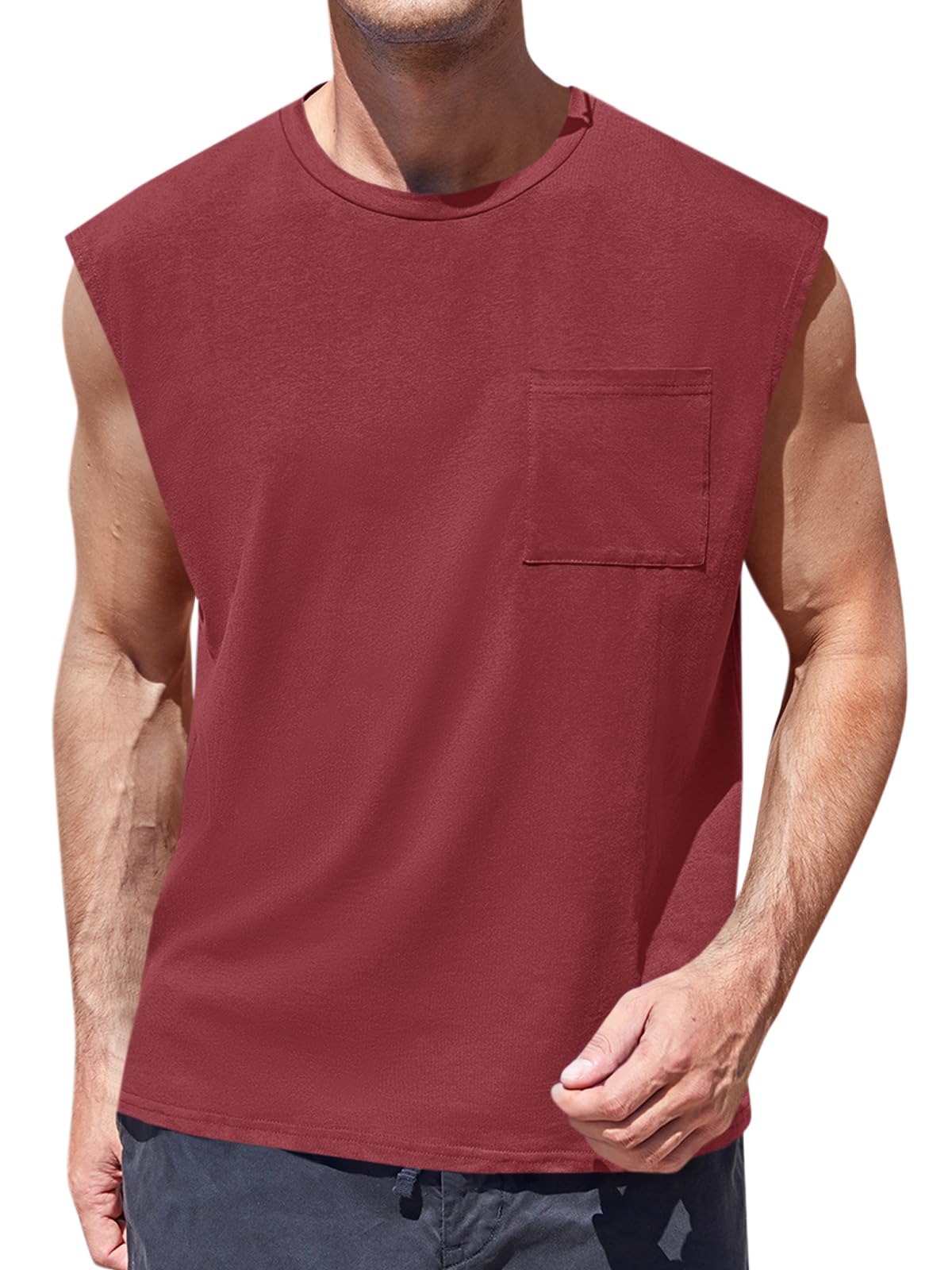 ZIWOCH Mens Sleeveless Tank Tops Workout Cut Off Shirts Muscle Gym T Shirts with Pocket Burgundy