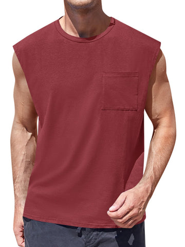 ZIWOCH Mens Sleeveless Tank Tops Workout Cut Off Shirts Muscle Gym T Shirts with Pocket Burgundy