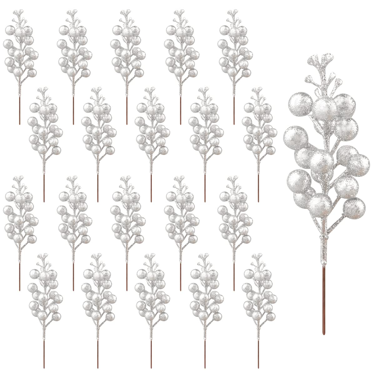 20 Pack Christmas Glitter Berries Stems, 7.5 Inches Silver Artificial Berry Stems, Artificial Berry Picks, Glitter Berries for Christmas Tree Vase DIY Wreath Garland Holiday Party Decoration