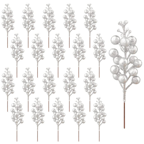 20 Pack Christmas Glitter Berries Stems, 7.5 Inches Silver Artificial Berry Stems, Artificial Berry Picks, Glitter Berries for Christmas Tree Vase DIY Wreath Garland Holiday Party Decoration
