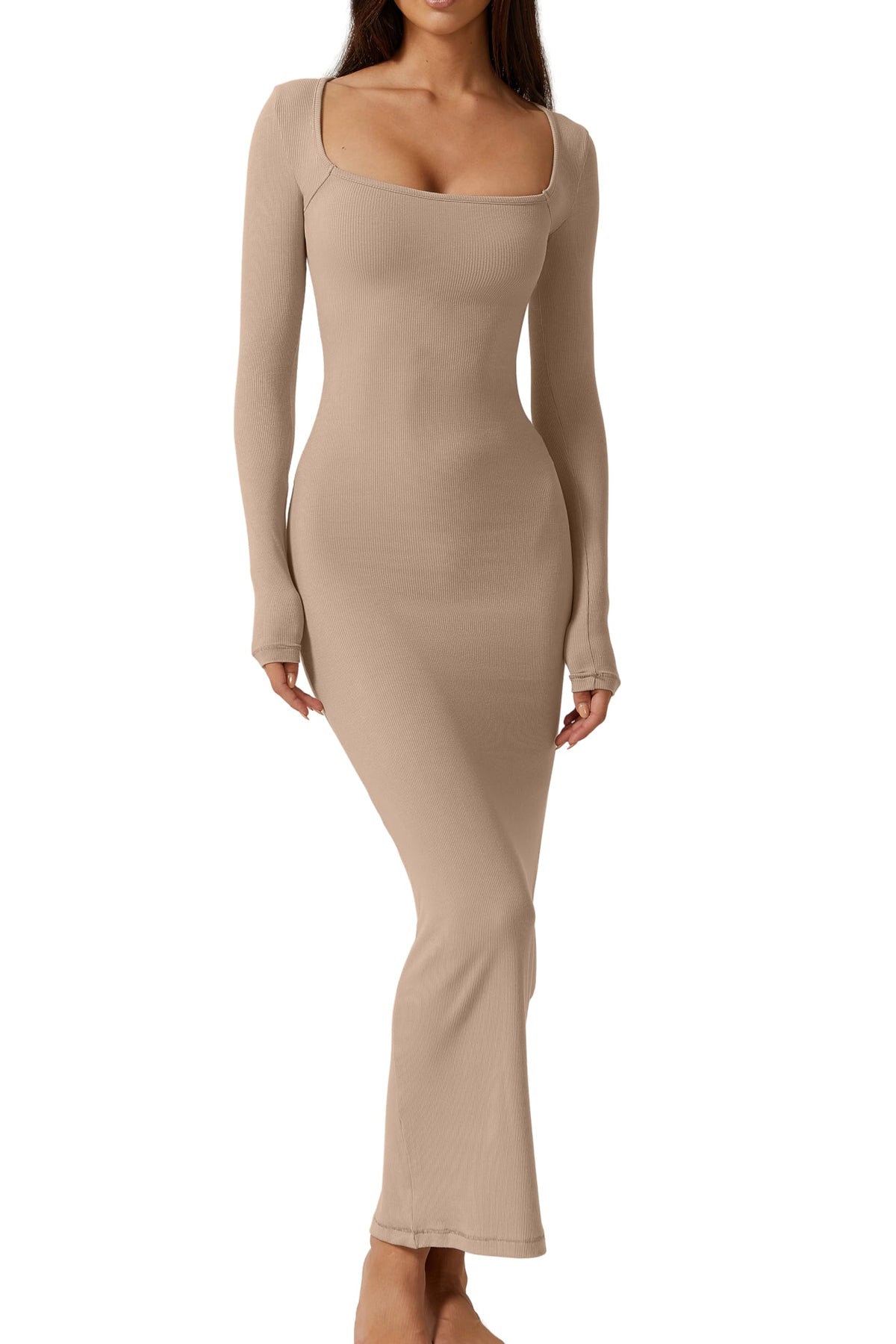 QINSEN Women's Long Maxi Dress Square Neck Long Sleeve Ribbed Bodycon Lounge Dresses Light Taupe S