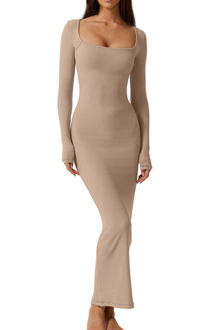 QINSEN Women's Long Maxi Dress Square Neck Long Sleeve Ribbed Bodycon Lounge Dresses Light Taupe S