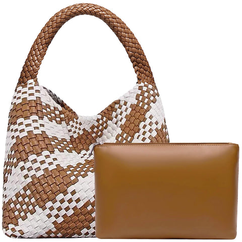 Women Vegan Leather Hand-Woven Tote Handbag Fashion Shoulder Top-handle Bag All-Match Underarm Bag with Purse (Brown&White)