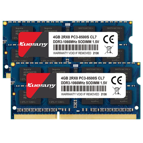 Kuesuny 8GB Kit (2X4GB) DDR3 1066MHz Sodimm Ram PC3-8500 PC3-8500S 1.5V CL7 204 Pin 2RX8 Dual Rank Non-ECC Unbuffered Memory Ram Ideal for Notebook Laptop Upgrade