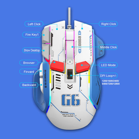 Naroote Programmable Mouse,10 Button Gaming Mouse Macro Programmable 13 RGB Lighting Modes 6 Speed 12800dpi Wired RGB Gaming Mice for Pc Laptop Gaming (White)