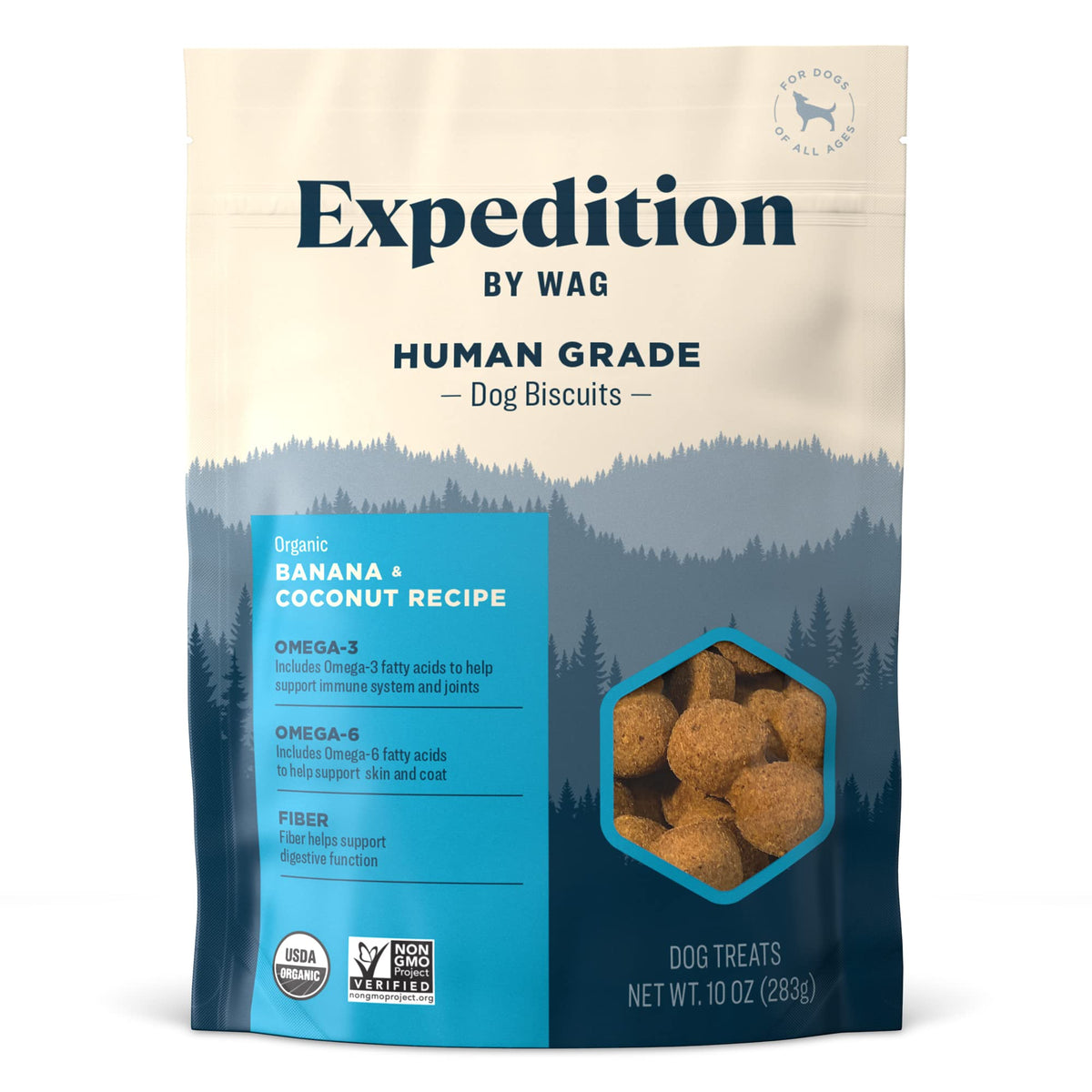 Amazon Brand - Wag Expedition Human Grade Organic Biscuits Dog Treats, Non-GMO, Gluten Free, Banana & Coconut, 10oz