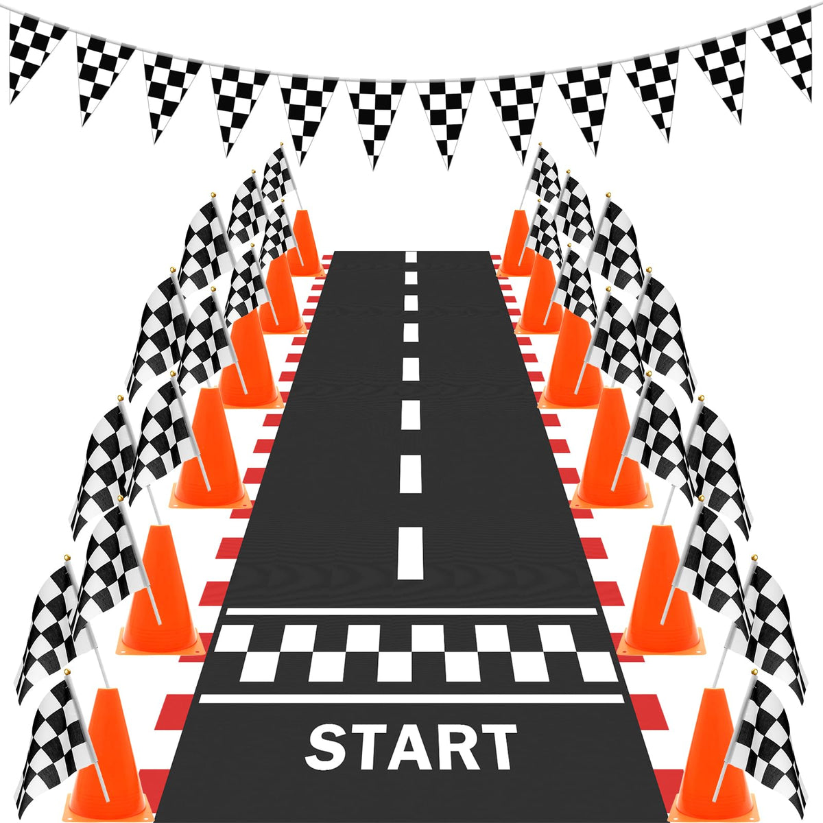 38 Pcs Checkered Flag Party Supplies, Catcan Race Car Party Decorations Include 24P Racing Checkered Flags Hand Held 12P Traffic Cones 1 Hanging Checkered Flag 1 Racetrack Floor Running