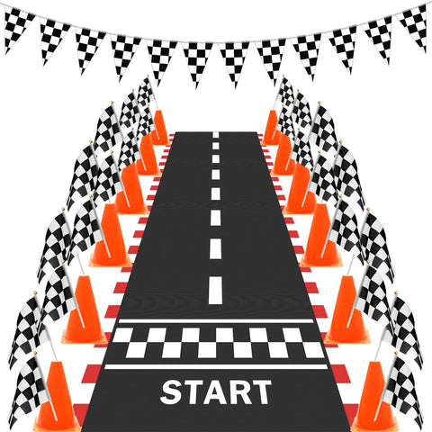 38 Pcs Checkered Flag Party Supplies, Catcan Race Car Party Decorations Include 24P Racing Checkered Flags Hand Held 12P Traffic Cones 1 Hanging Checkered Flag 1 Racetrack Floor Running
