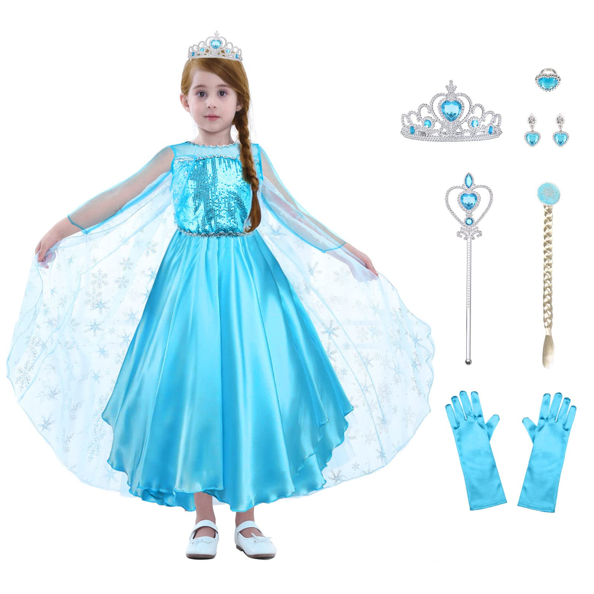 URAQT Elsa Dress, Elsa Princess Costume with Princess Crown Magic Wand Accessories, Elsa Anna Princess Dress Up for Girls, Shining Elsa Fancy Dress for Party, Bridesmaid, Halloween Cosplay (4-5 Years)