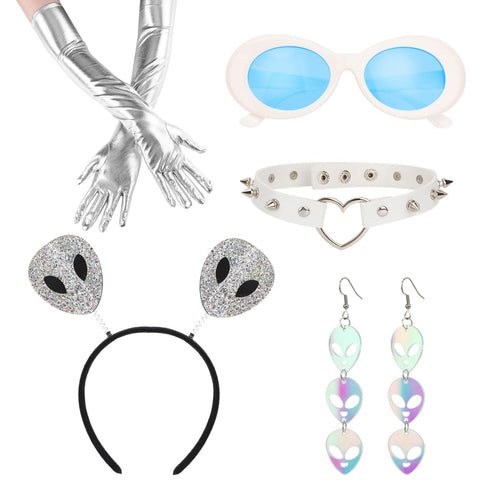 XEPST Alien Costume Accessories Set - Alien Antenna Headband, Earrings, Necklace, and Gloves for Women - Perfect for Alien Parties Halloween Carnival Cosplay - Dress Up Accessories, White