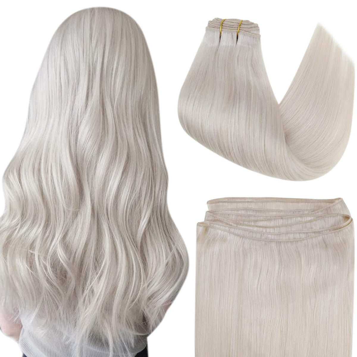 Easyouth Weft Hair Extensions Real Human Hair Color White Blonde Weft Hair Extensions Blonde Weft Hair Extensions Human Hair Sew in Extensions Bundles Double Weft Extensions 16 Inch 100G