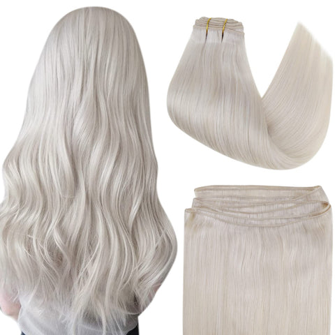 Easyouth Weft Hair Extensions Real Human Hair Color White Blonde Weft Hair Extensions Blonde Weft Hair Extensions Human Hair Sew in Extensions Bundles Double Weft Extensions 16 Inch 100G
