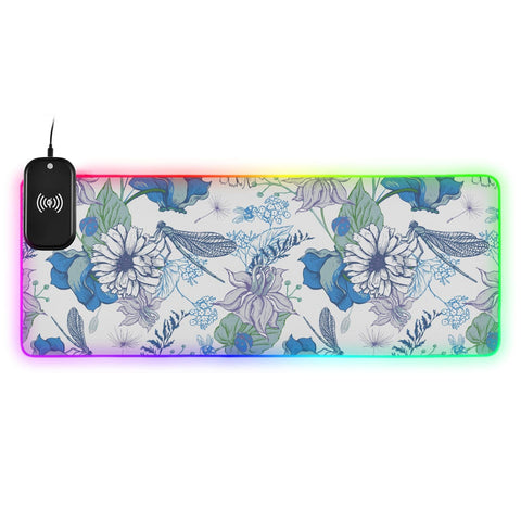 Flower Birds Leaves Vintage Wireless Charging Mouse Pad for Mobile Phone Extra Large Gaming Mousepad with 13 Lighting Modes Keyboard Mat for Gaming MacBook PC Laptop Desk Home Office