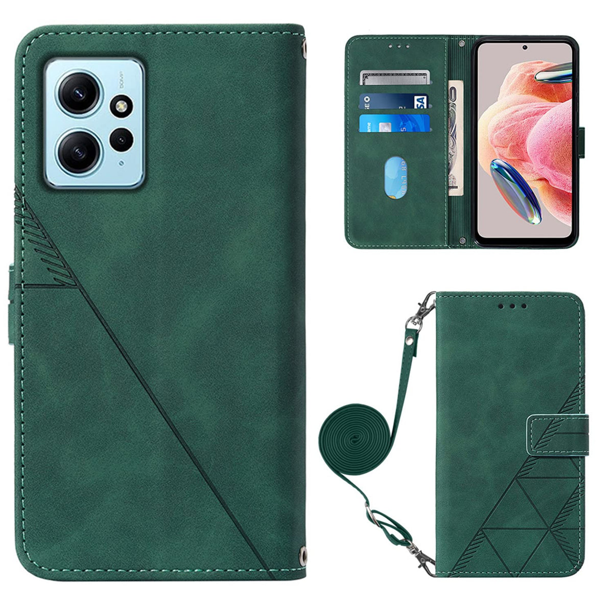 Business Long Lanyard Phone Bags Compatible with Xiaomi Redmi Note 12 Note12 4G 23021RAAEG 23021RAA2Y Anti-Fall Flip Cover Leather Case Non-Slip Holder (Green,Redmi Note 12 4G)
