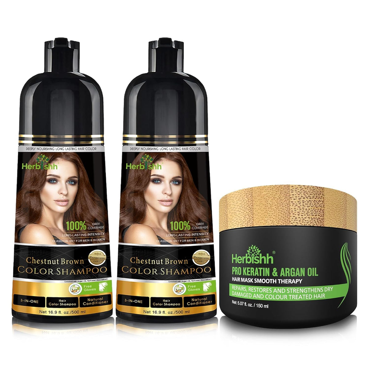 Herbishh Ultimate Chestnut Brown Hair Color Kit (2 Shampoos + 1 Argan Hair Mask) for Grey Coverage - Long-Lasting, Easy Application for Men and Women