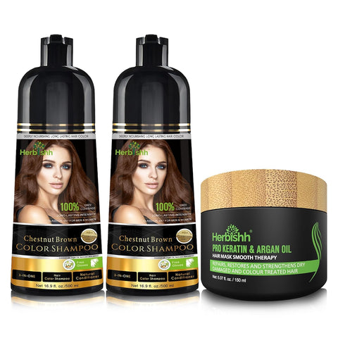 Herbishh Ultimate Chestnut Brown Hair Color Kit (2 Shampoos + 1 Argan Hair Mask) for Grey Coverage - Long-Lasting, Easy Application for Men and Women