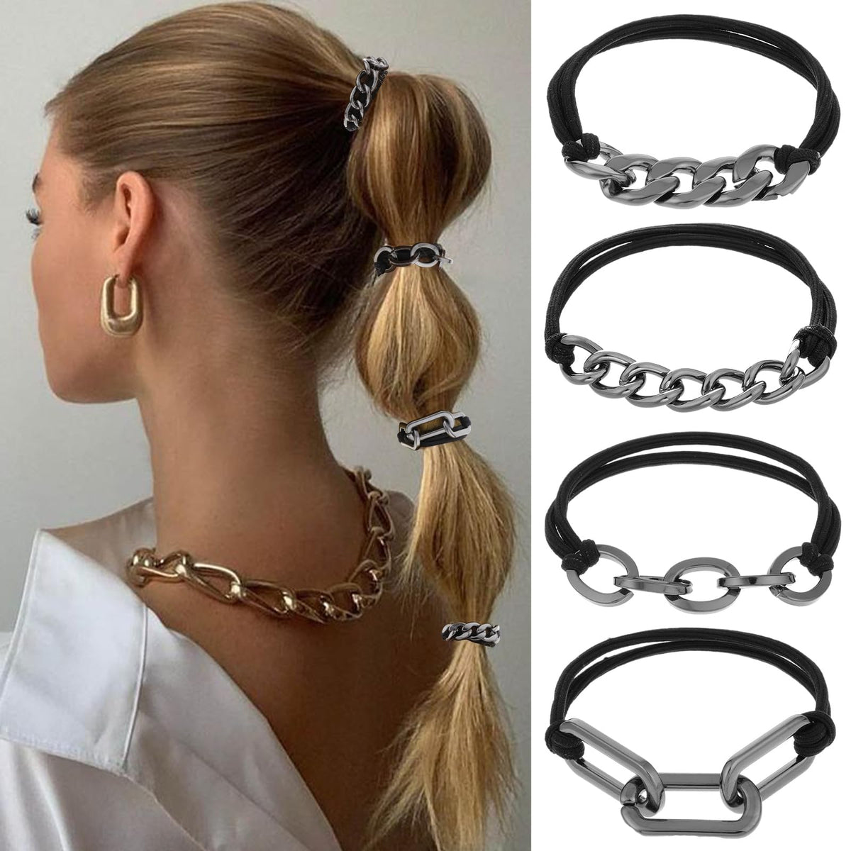 AOZUO 4Pcs Metal Hair Ties Bracelet, Black Elastic Hair Bands Ponytail Holder Rip Tie Hair Accessories Elastic Rubber Hairband Hair Cuffs for Thick Thin Curly Hair Trendy Gold Bead Jewelry Gift(Black)