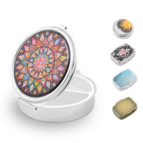 Small Pill Box for Purse, Portable Pill Organizer for Medicine Fish Oils Vitamins, Metal Cute Travel Purse Pocket Pill Case Container Holder (Mandala)