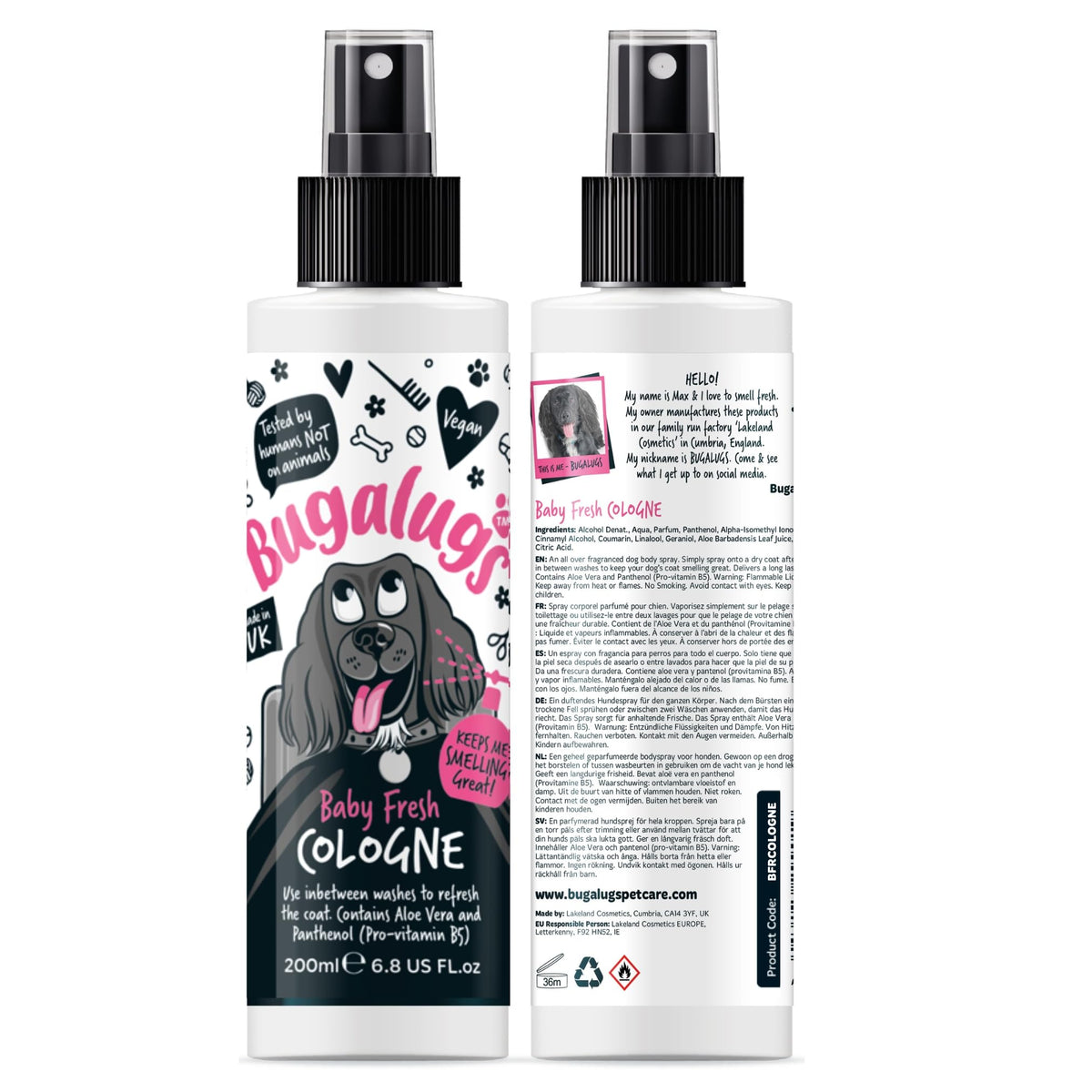 BUGALUGS Dog cologne Baby Powder fragrance - vegan dog perfume spray dog deodorant use with our baby fresh use with our Dog Shampoo (1x199ml)