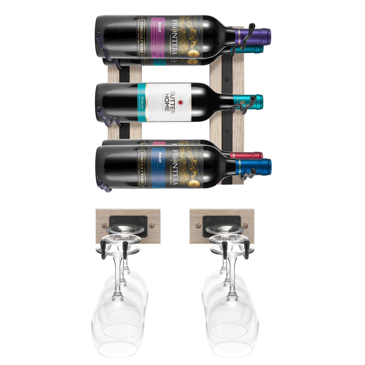 Sorbus Wall Mounted Wine Rack + Stemware Rack Set - Wire & Wood Wine Rack Wall Mounted for Bottles, Liquor, Champagne, Wine Glasses, Champagne Glasses for Home Bar