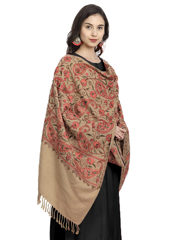 Zamour Kashmir Women Stole Scarf Wrap Shawl with Indian Embroidery Flower - 6307 (Brown)