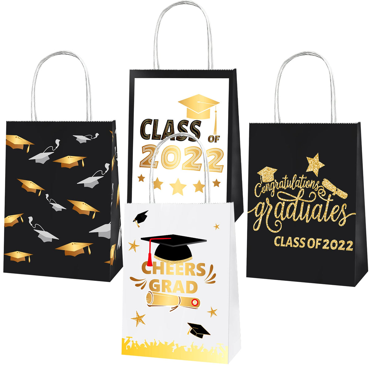 Graduation Gift Bags Black and Gold - Pack of 12 | Paper Graduation Bags for Gifts, Black and Gold Graduation Decorations 2022 | High School, College Graduation Party Supplies, Graduation Party Favors